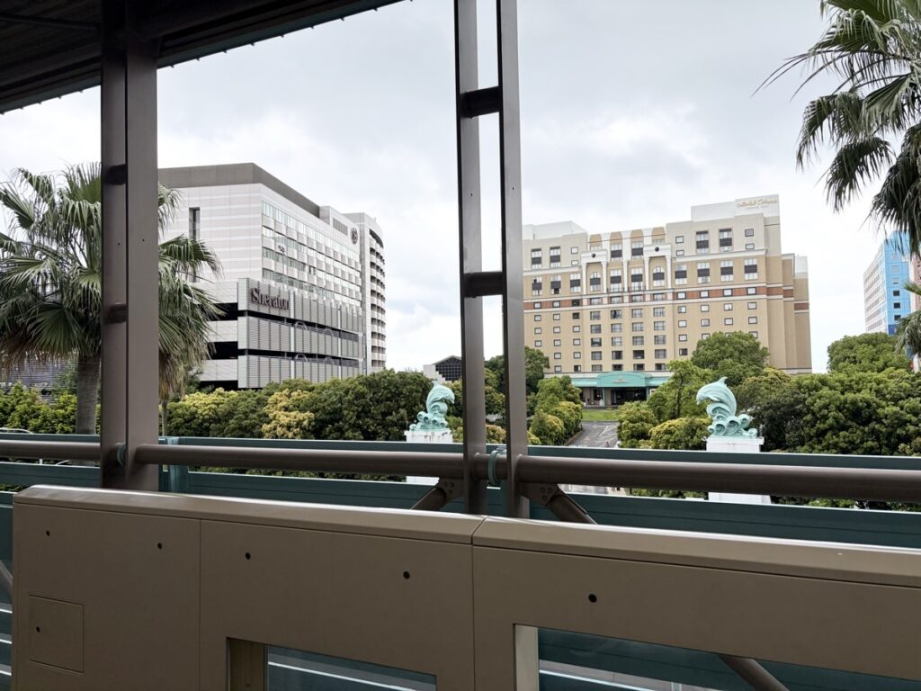 View of Bayside hotel area from Disney Resort Line Bayside Station — Hilton Sheraton and more