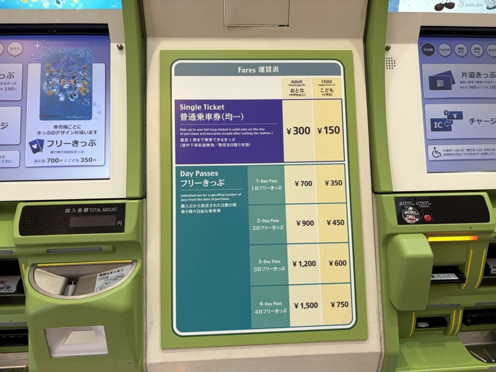 リゾートライン券売機の料金表示