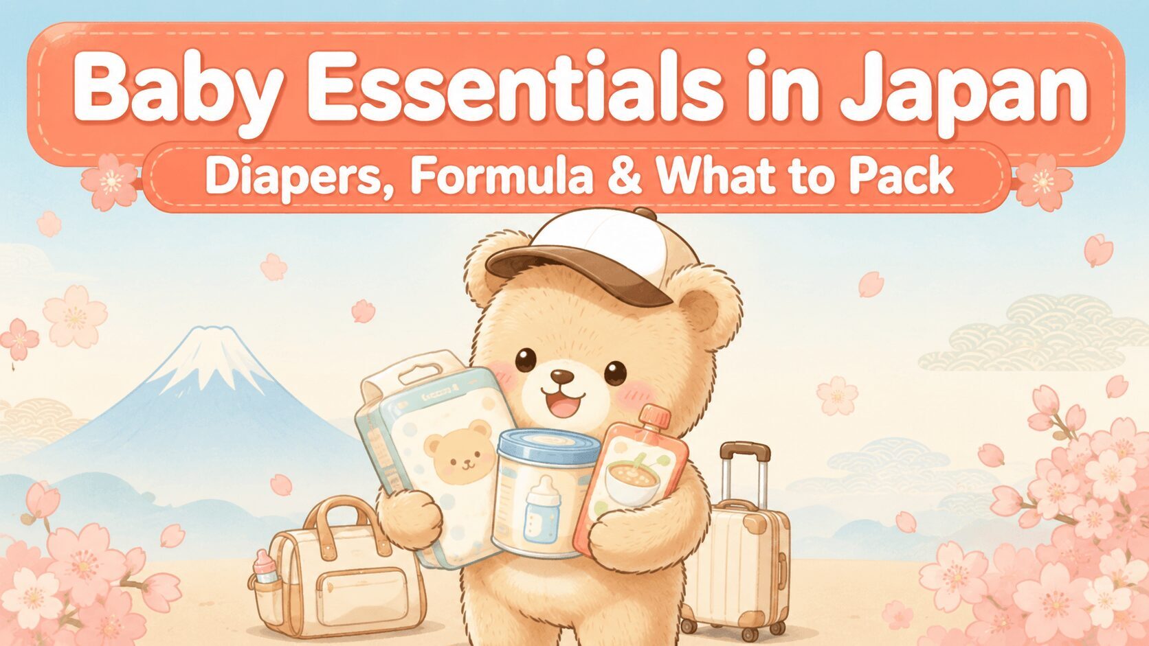 Bear mascot illustration for a Japan baby travel guide, holding diapers, formula, and baby food with Mt. Fuji and cherry blossoms in the background
