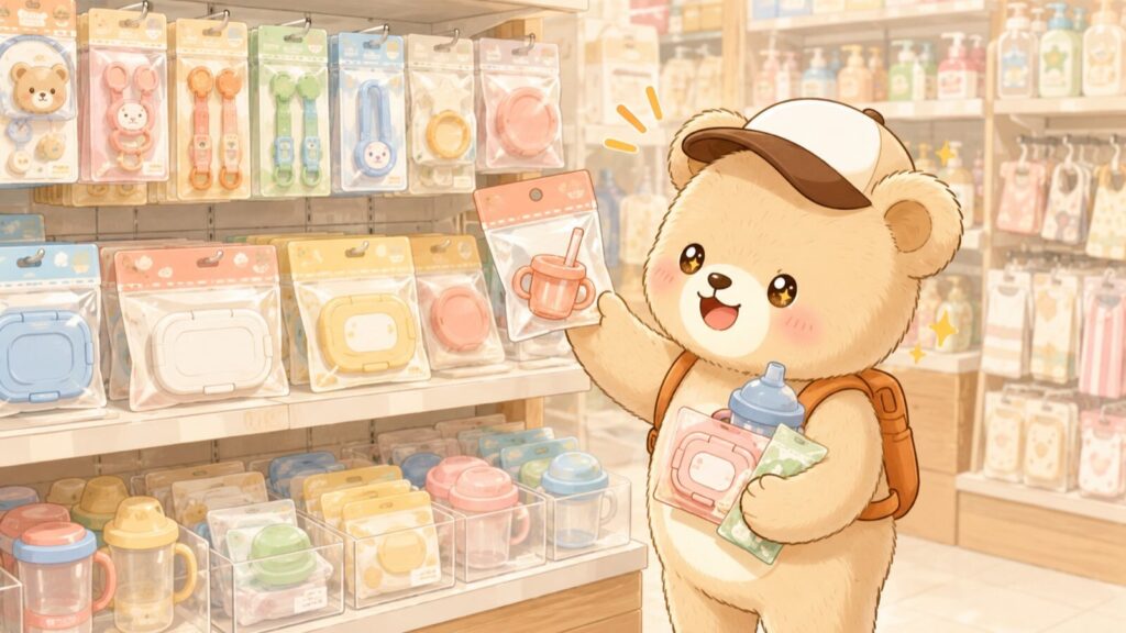 Illustration of a bear mascot exploring the baby essentials aisle at a Japan 100-yen shop, holding a straw cup and baby wipes