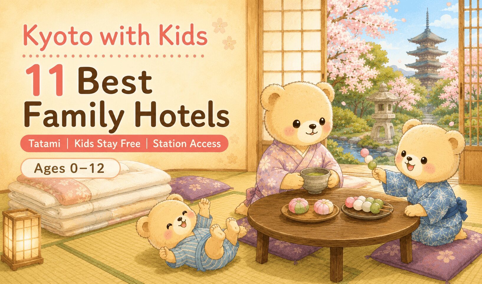 Illustration of a mother bear and her two cubs relaxing in a traditional tatami room at a Kyoto ryokan-style hotel, wearing yukata and jinbei, enjoying matcha tea and Japanese wagashi sweets, with a Kyoto garden and pagoda visible through the window