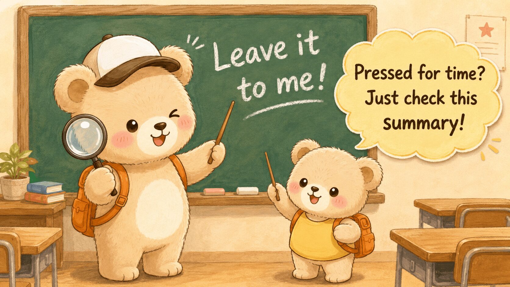 Cute teacher bear cartoon character holding a magnifying glass and pointer, winking with a speech bubble saying "Pressed for time? Just check this summary!"