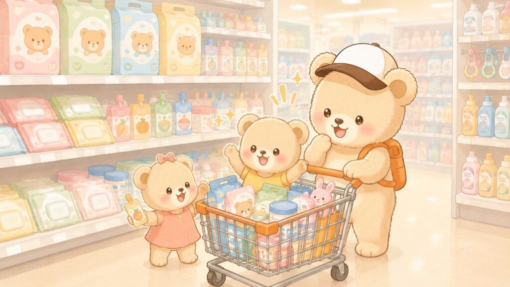 Bear mascot holding a shopping basket, eyes sparkling with delight in front of a well-stocked baby aisle at a Japanese drugstore