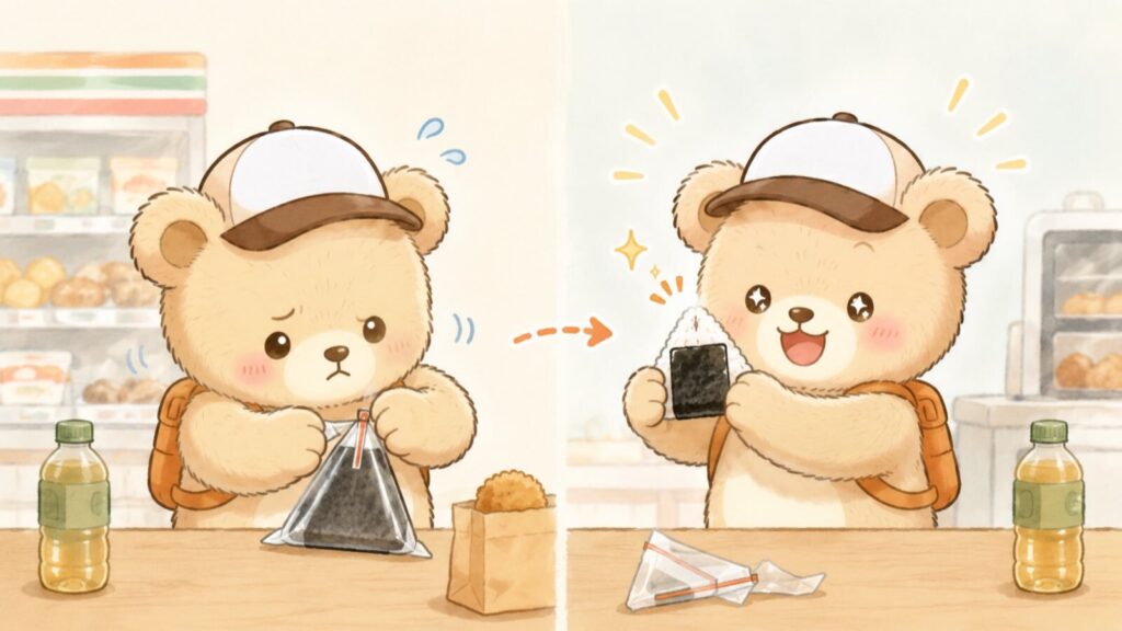 Bear mascot struggling with a triangular onigiri wrapper, then proudly holding up the perfectly opened rice ball with a triumphant smile