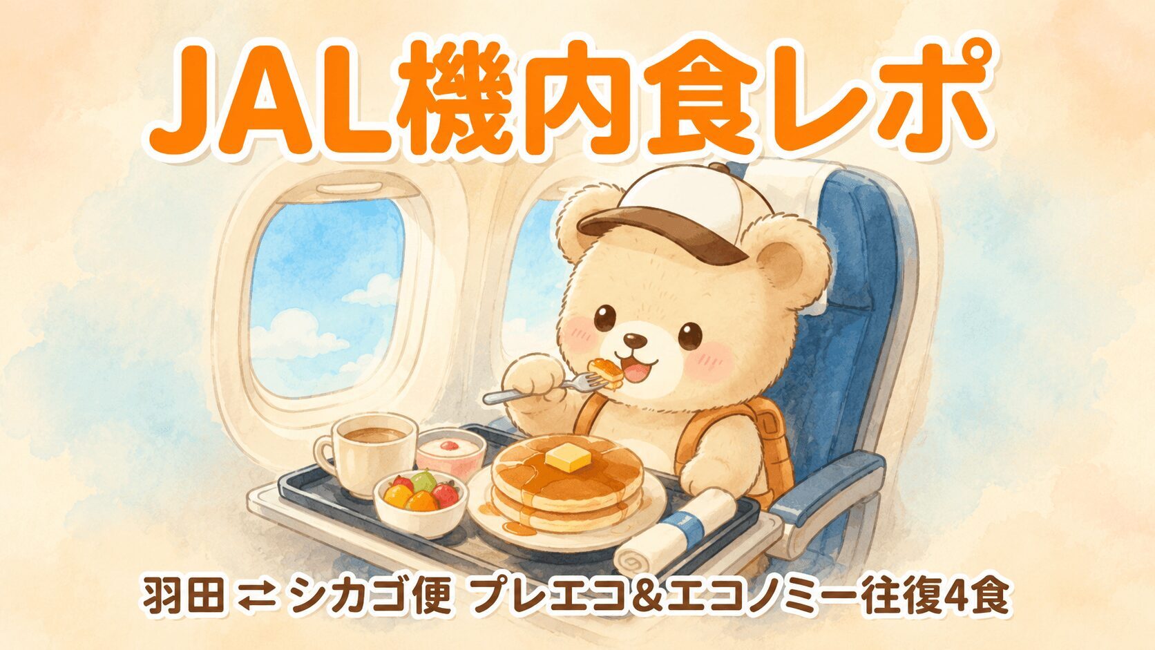 飛行機の座席でトレイの上のパンケーキを見て笑顔になっている旅行者のくまのイラスト。JAL国際線羽田⇄シカゴ便の機内食を往復4食レポートするアイキャッチ画像。