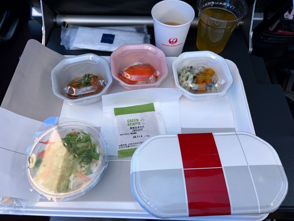 JAL国際線機内食のトレイ全体。豚角煮ちらし寿司とサラダと小鉢3種