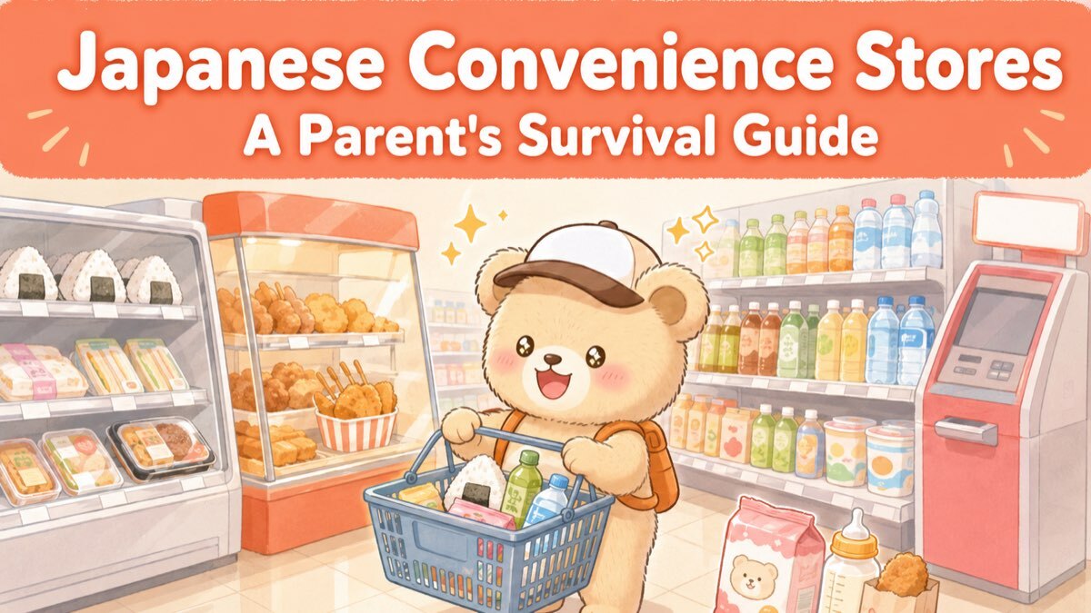 Bear mascot with a shopping basket smiling with delight inside a Japanese convenience store, surrounded by onigiri, hot snacks, drinks and an ATM