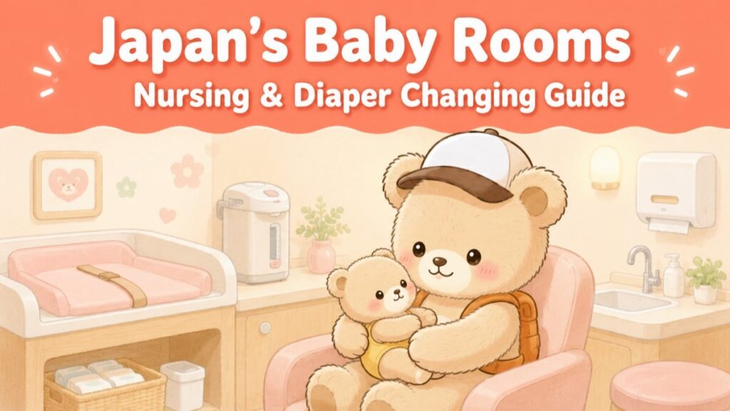 Bear mascot mom gently holding her baby cub with a relieved smile in a clean, bright Japanese nursing room, with a hot water dispenser and changing table nearby