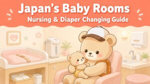 Bear mascot mom gently holding her baby cub with a relieved smile in a clean, bright Japanese nursing room, with a hot water dispenser and changing table nearby