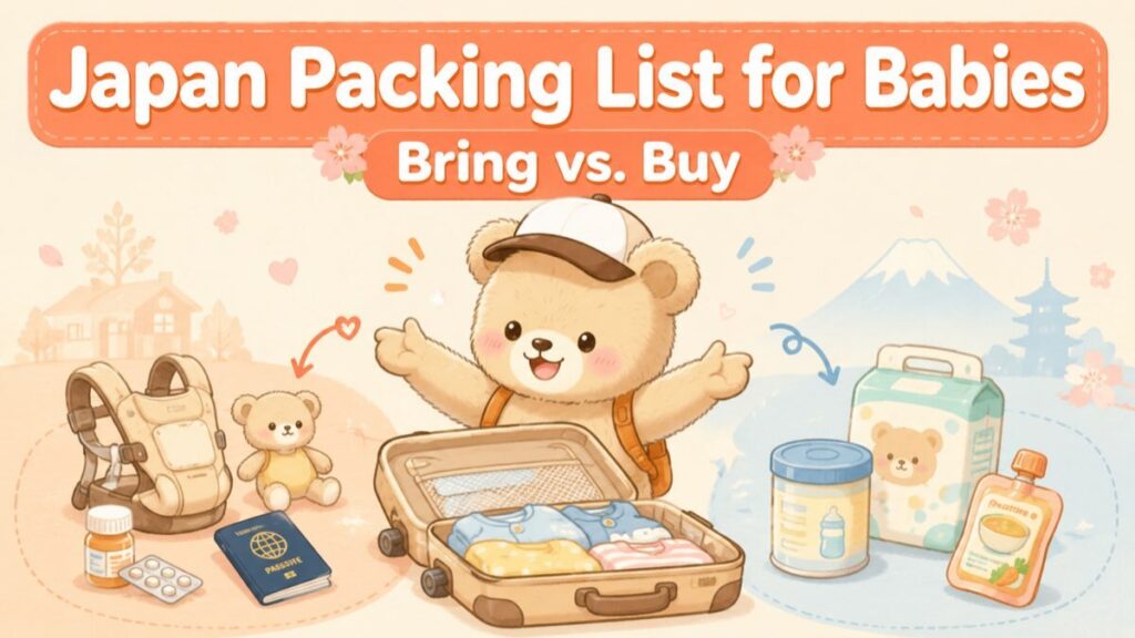 Bear mascot sorting travel items into bring-from-home and buy-in-Japan groups next to an open suitcase, for a Japan baby packing list guide