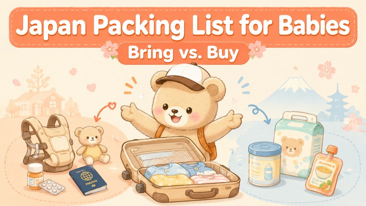 Bear mascot sorting travel items into bring-from-home and buy-in-Japan groups next to an open suitcase, for a Japan baby packing list guide