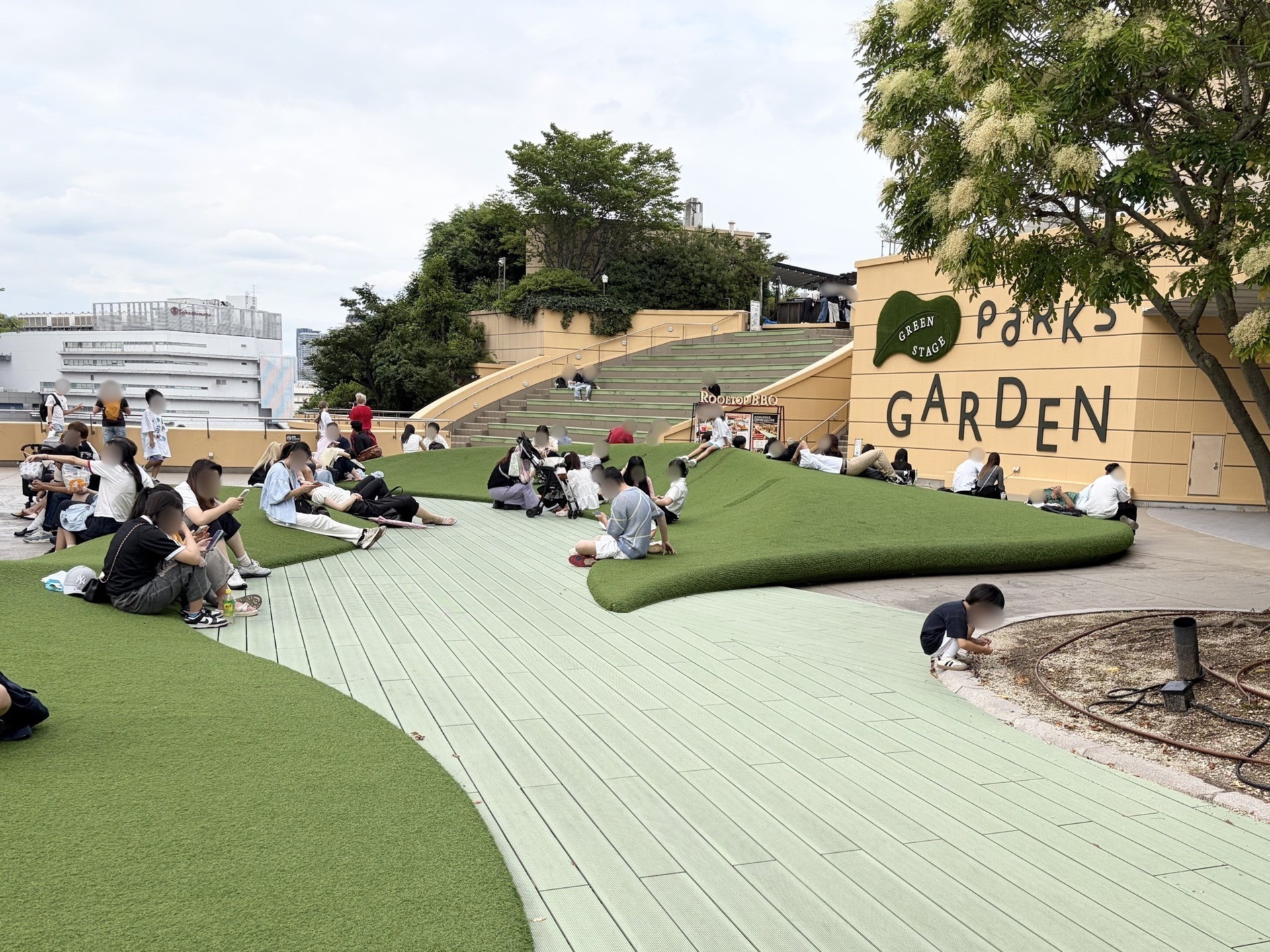 Namba Parks 8th floor Parks Garden | Green rooftop oasis, stroller-friendly, Osaka family