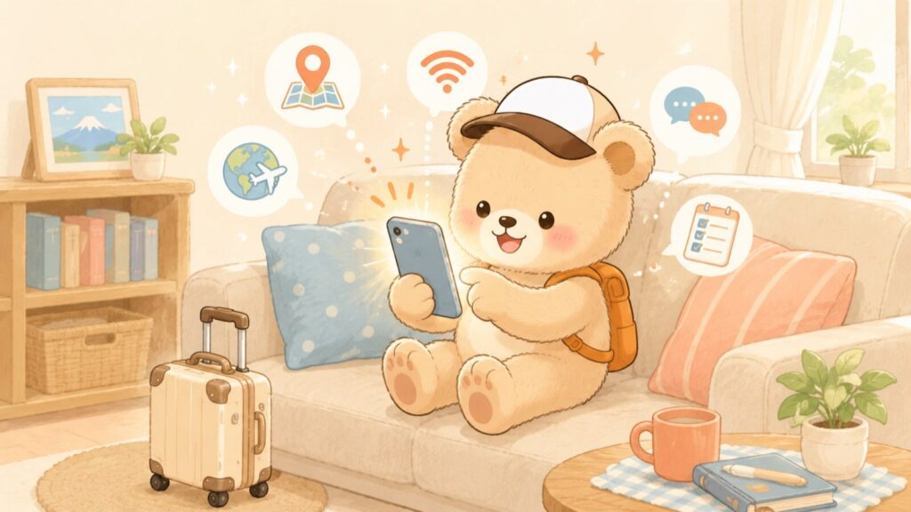 Bear mascot relaxing on a sofa setting up a phone with map, Wi-Fi, and translation icons before a trip to Japan, with a small suitcase nearby