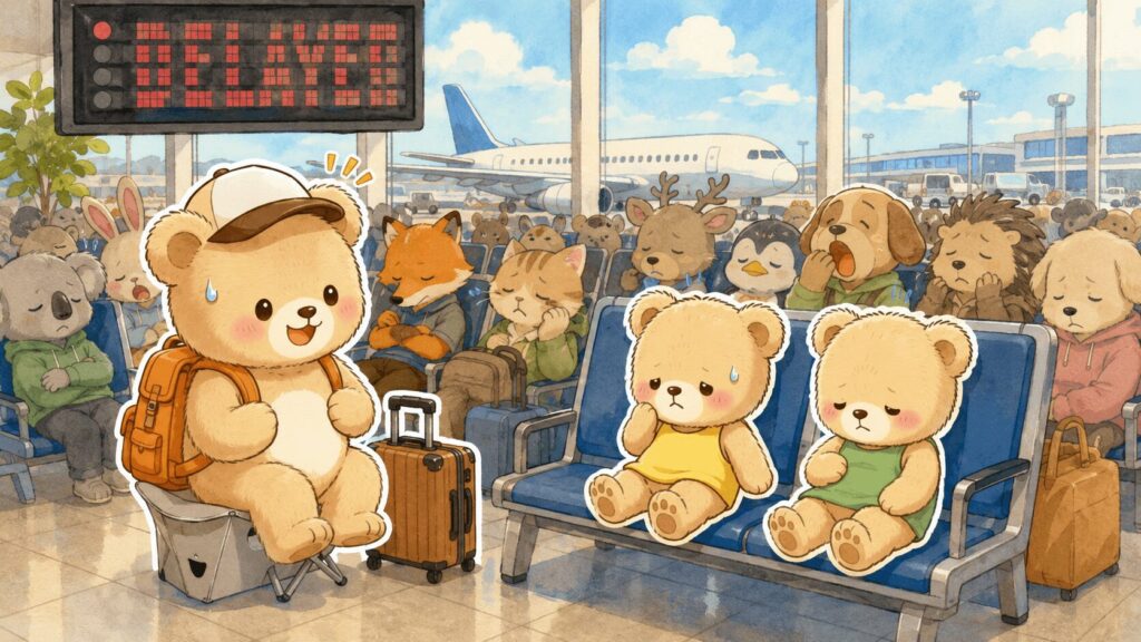 WDWシカゴ乗り継ぎの待合エリアで、遅延の電光掲示板の下、折りたたみ椅子に座って待つ旅行者のくま親子のイラスト。3時間遅延と搭乗口変更を子連れで乗り切った体験談のアイキャッチ画像。