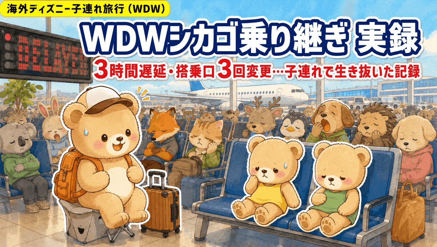 WDWシカゴ乗り継ぎの待合エリアで、遅延の電光掲示板の下、折りたたみ椅子に座って待つ旅行者のくま親子のイラスト。3時間遅延と搭乗口変更を子連れで乗り切った体験談のアイキャッチ画像。