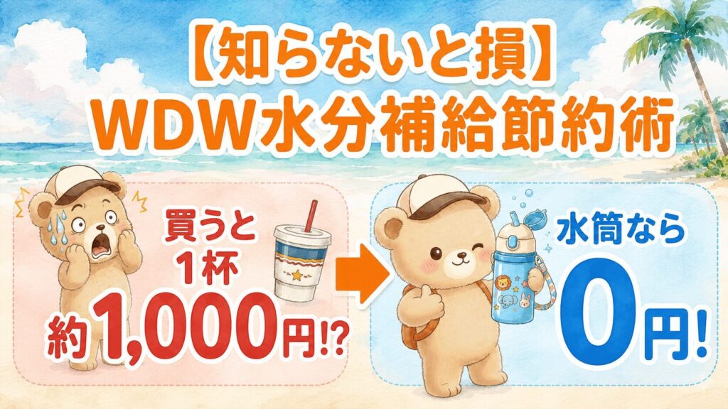 WDW水分補給節約術のアイキャッチ画像。ドリンクを買うと1杯約1000円のところ、水筒持参なら0円になることを、驚くくまと水筒を持った笑顔のくまのイラストで対比している。