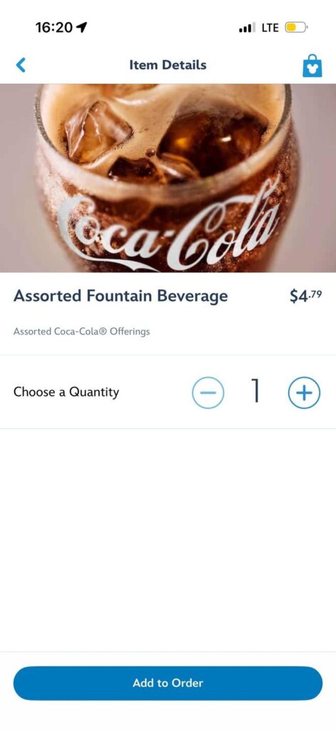 WDW公式アプリのモバイルオーダー画面に表示されたAssorted Fountain Beverage 4.79ドル