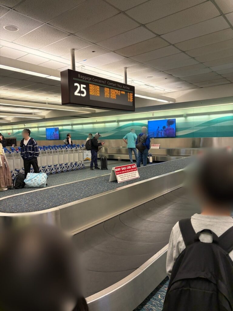 オーランド国際空港の手荷物受取所25番レーン。案内板にアメリカン航空2288便シカゴ・オヘア発と表示され、乗客がスーツケースを待っている。手前には「MANY BAGS LOOK ALIKE」の注意看板