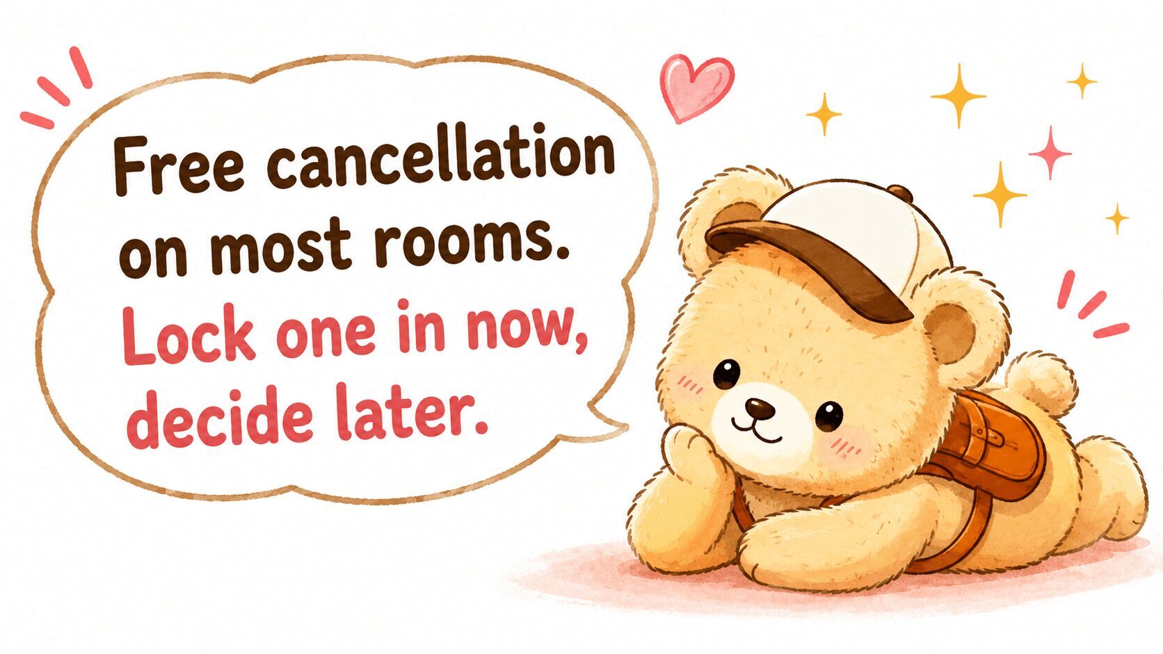 Travel Mama Bear reminding readers that most family hotels in Japan offer free cancellation, so you can book a room now and decide later.