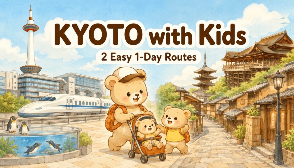 Illustration of a bear family with a stroller walking between Kyoto Station area with Kyoto Tower and the Higashiyama area with Kiyomizu-dera pagoda, showing two 1-day Kyoto routes for families