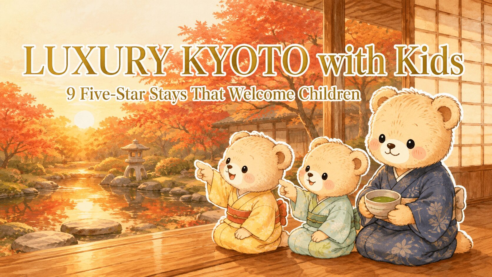 Teddy bear family in yukata relaxing on a luxury Kyoto ryokan veranda, mother bear holding matcha while two cubs admire the autumn garden with a pond and stone lantern at golden hour — luxury Kyoto family hotels guide
