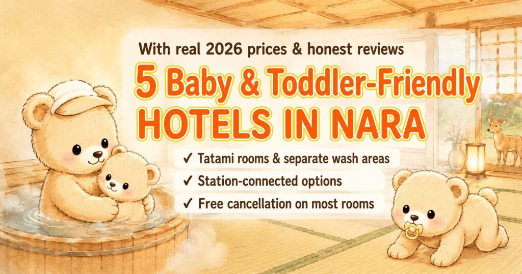 5 Baby & Toddler-Friendly Nara Hotels guide cover: watercolor bear family in a tatami hotel room with a wooden bath, listing real 2026 prices, honest reviews and free cancellation on most rooms.