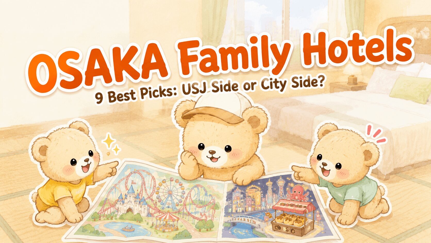 Cartoon teddy bear family in a hotel room spreading out an Osaka map, with two cubs pointing at the USJ theme park side and the Dotonbori city side, deciding where to stay — Osaka family hotels guide