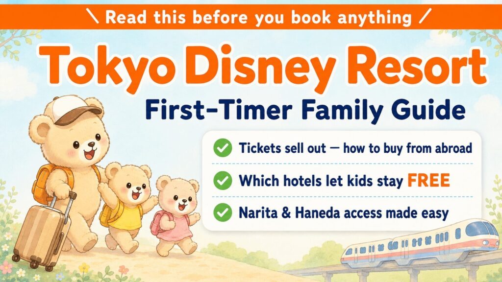 Tokyo Disney Resort First-Timer Family Guide 2026 — illustrated eyecatch with a teddy bear family pulling a suitcase, a monorail, and a checklist covering how to buy tickets from abroad, which hotels let kids stay free, and Narita & Haneda airport access