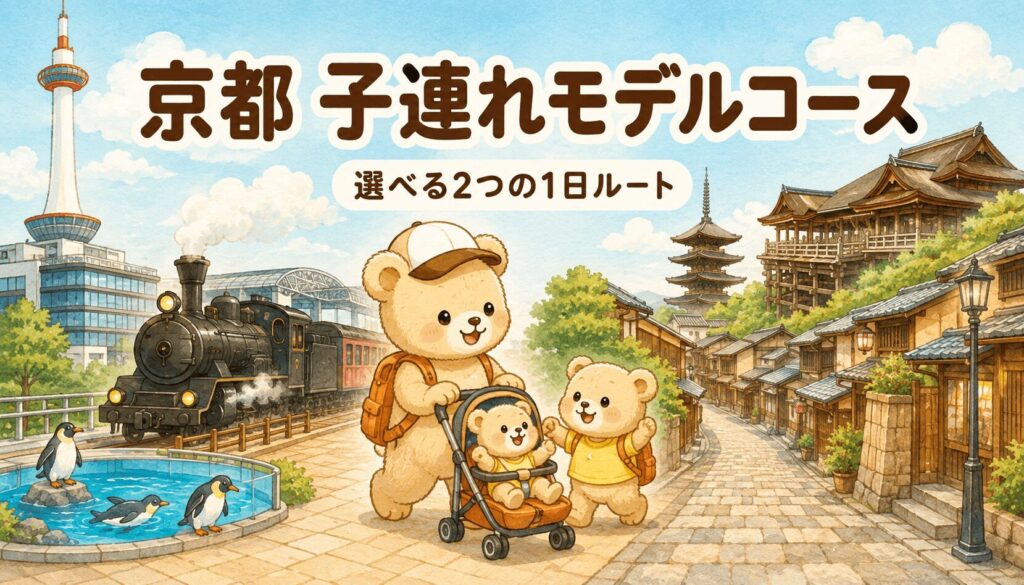 京都タワーとSL・ペンギンのいる京都駅エリアと、清水寺や八坂の塔のある東山の街並みを、ベビーカーを押すクマの親子が歩くイラスト。選べる2つの京都子連れ1日ルート