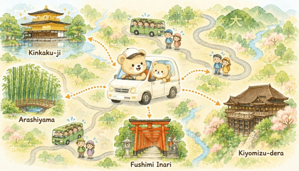 Illustrated map of Kyoto showing how far apart the four famous sights are — Kiyomizu-dera, Kinkaku-ji, Fushimi Inari and Arashiyama in different corners of the city — while a bear family in a private tour van connects them all smoothly.