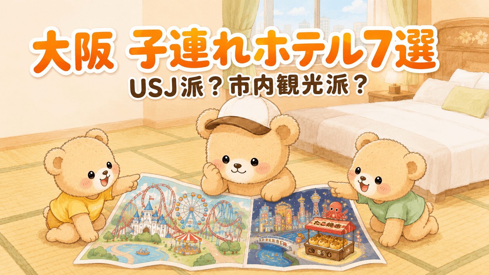 大阪の子連れホテル7選のアイキャッチ。ホテルの和室で、USJエリアと市内観光エリアの地図を広げて見比べるクマの親子のイラスト。USJ派？市内観光派？