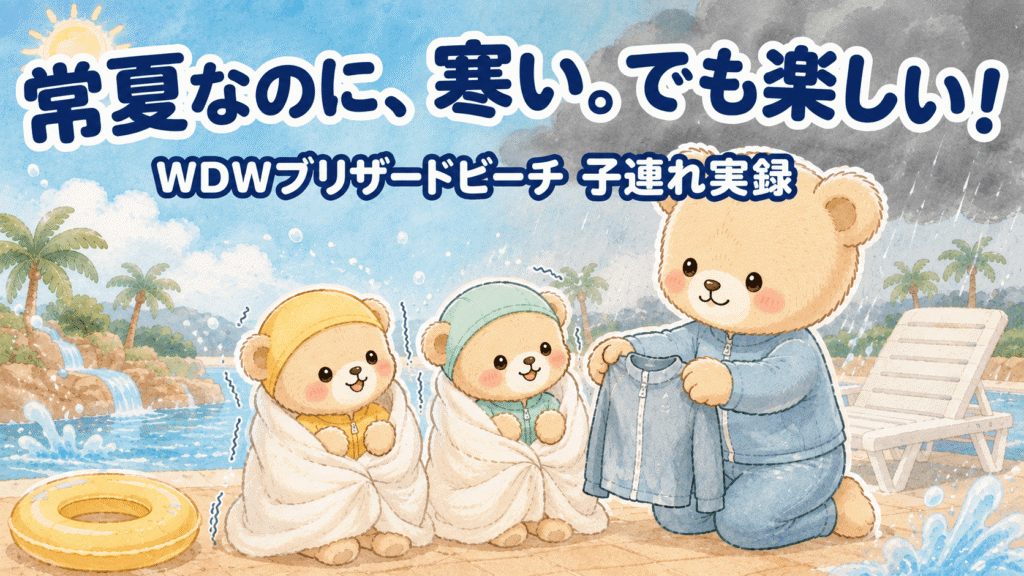常夏なのに寒いWDWブリザードビーチ。バスタオルにくるまって震える子ぐま2匹と上着を差し出すママぐまのイラスト