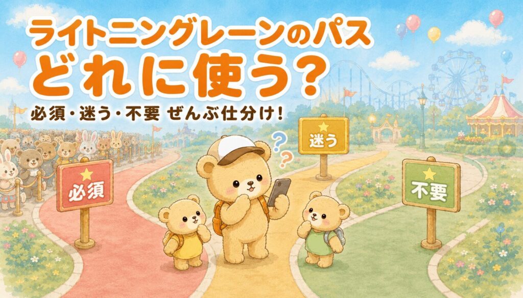 赤・黄・緑の3つの看板が立つ分かれ道で、どの道に進むか考えるクマの親子のイラスト。WDWマルチパスの使い先を必須・迷う・不要に仕分けする記事のアイキャッチ