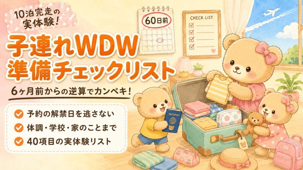 スーツケースに荷物を詰めて旅行準備をするクマの親子と、60日前に赤丸のついたカレンダー・チェックリストのイラスト