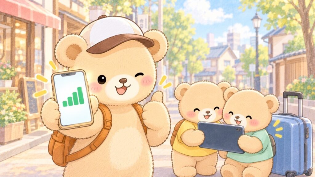 トラベルママベアがスマホの電波が満タンなのを見せながら自信満々にサムズアップし、子ぐま2匹が日本の街角でタブレットを一緒に見ているイラスト