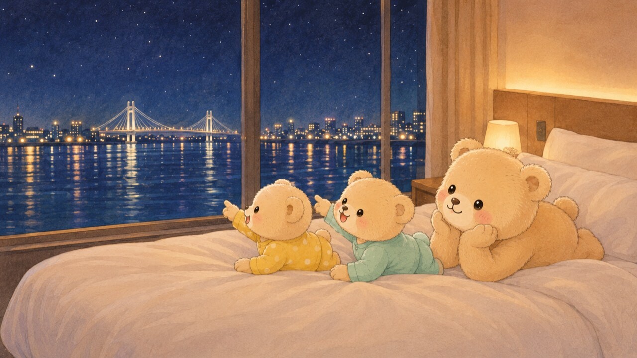 Illustration of a bear family gazing at the bay night view from their hotel bed — bayside family hotels in Odaiba and Toyosu