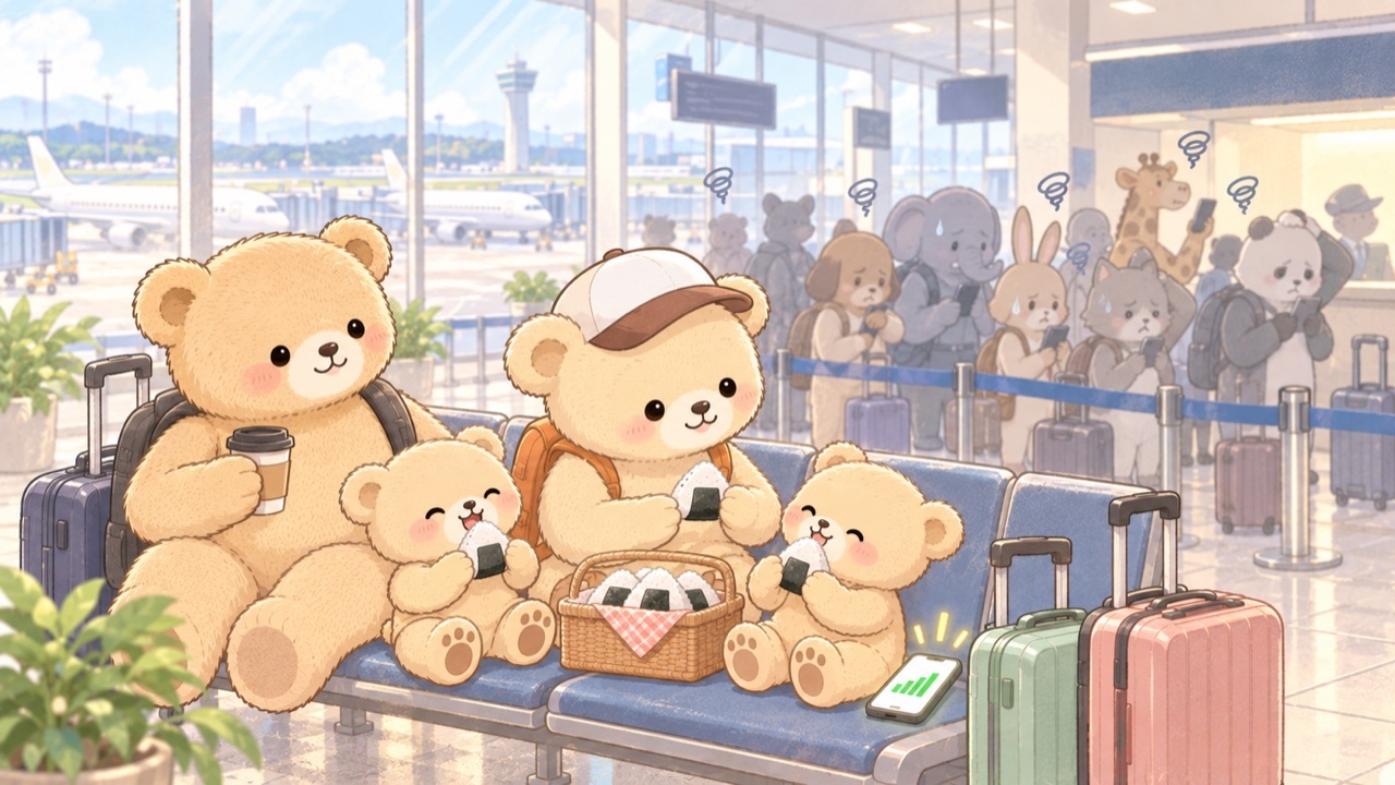 Bear family enjoying an onigiri break at the airport, already connected, while other travelers wait in line for WiFi rental