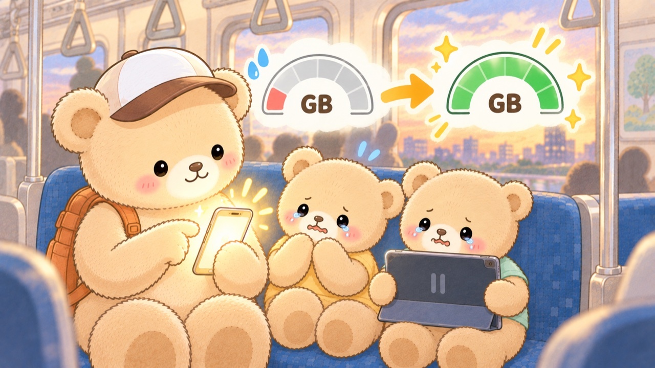 Mama Bear calmly topping up mobile data on her phone while two tearful cubs wait — a GB gauge refilling from empty to full