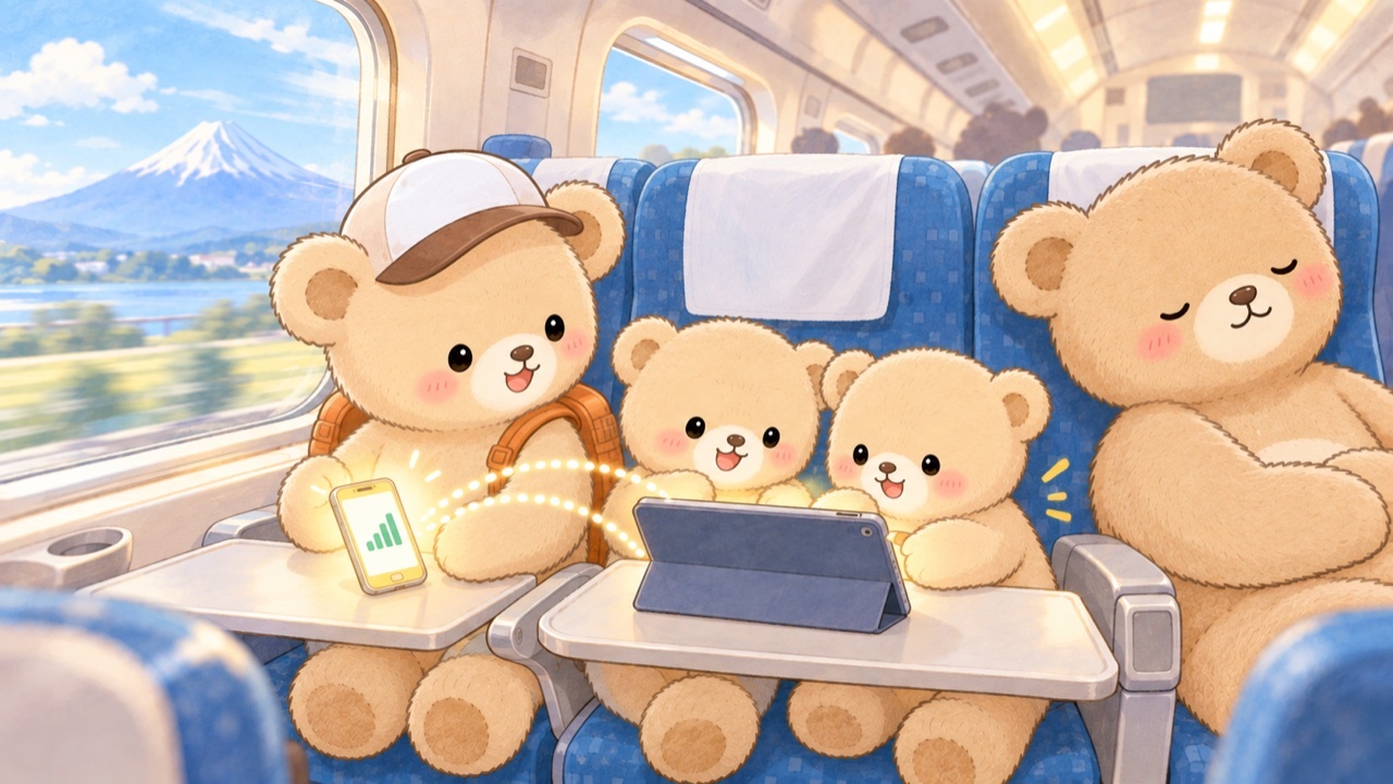 Bear family on the Shinkansen sharing the phone’s connection to the cubs’ tablet via hotspot tethering