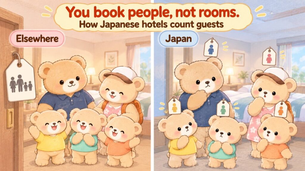 A split illustration contrasting how hotel rooms are priced. On the left, labelled Elsewhere, a bear family of five stands in one room with a single price tag hanging on the door showing the whole family together. On the right, labelled Japan, the same five bears stand in the same room but each one has their own individual price tag floating beside them, because in Japan the price follows the number of guests rather than the room.