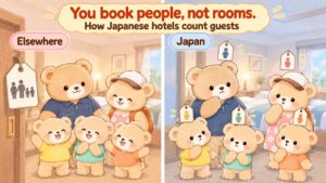 A split illustration contrasting how hotel rooms are priced. On the left, labelled Elsewhere, a bear family of five stands in one room with a single price tag hanging on the door showing the whole family together. On the right, labelled Japan, the same five bears stand in the same room but each one has their own individual price tag floating beside them, because in Japan the price follows the number of guests rather than the room.