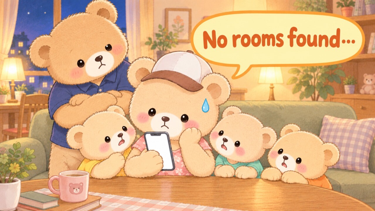 Mama Bear at home looking at a hotel booking app on her phone; the results screen is completely blank and a blue sweat drop hangs beside her head, with a speech bubble reading “No rooms found…”. Papa Bear and three cub bears watch anxiously — searching Kyoto hotels for a family of five often returns nothing.