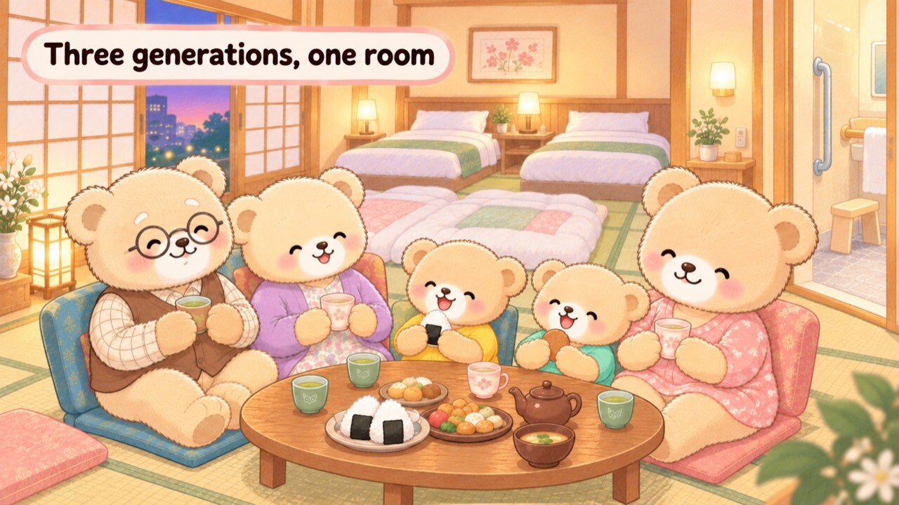 Grandpa Bear and Grandma Bear sitting on floor chairs with Mama Bear and two cubs around a low table in a Japanese-Western hotel room, futons laid on the tatami and two beds behind them, with a bathroom door fitted with a grab rail on the right — five in one room across three generations.
