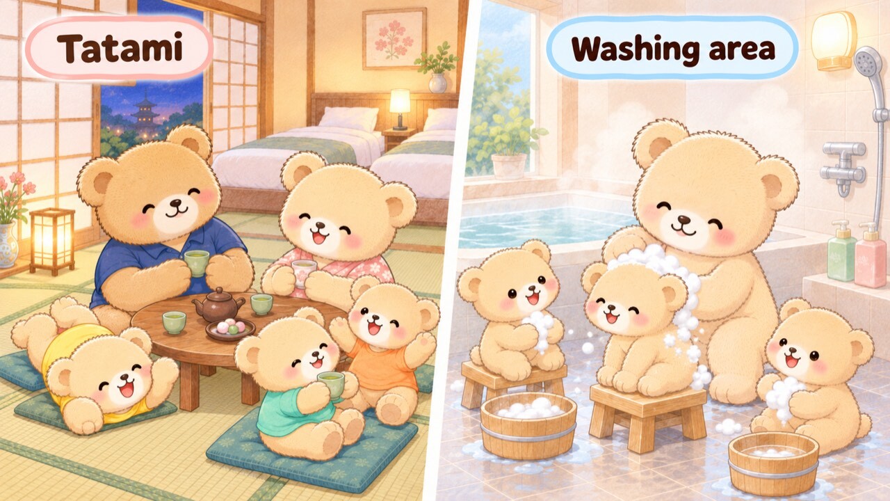 Left: a bear family of five relaxing on the tatami of a Japanese-Western hotel room, drinking tea at a low table with two beds behind them. Right: Mama Bear washing the cubs on wooden stools on the floor outside the bathtub, with wash bowls and a wall shower — a Japanese bathroom with a washing area.