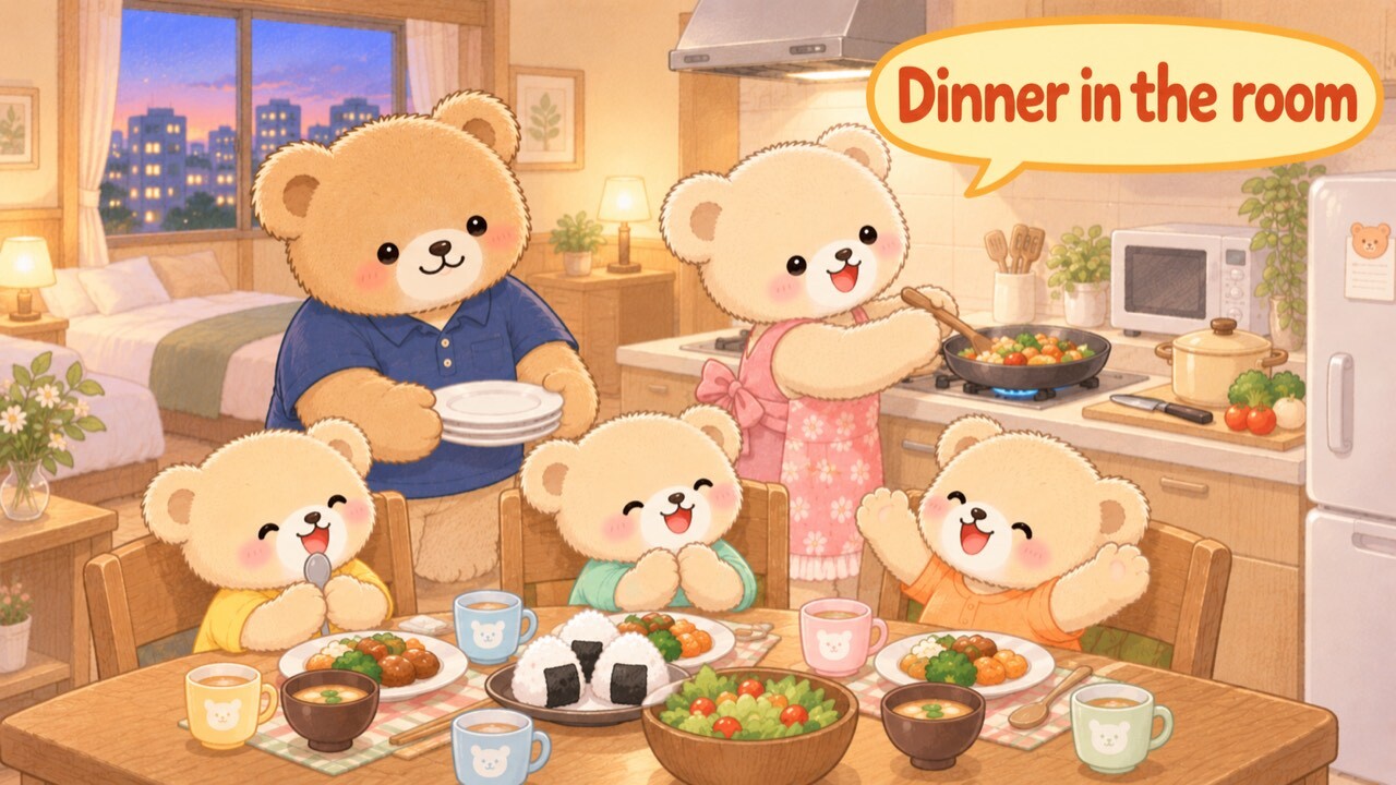 A bear family eating dinner they cooked in their own hotel room: Mama Bear at the stove, Papa Bear setting out plates and three cubs at the table with rice balls, miso soup and salad, with a bed visible behind them — an apartment hotel room with a kitchen, microwave and fridge.