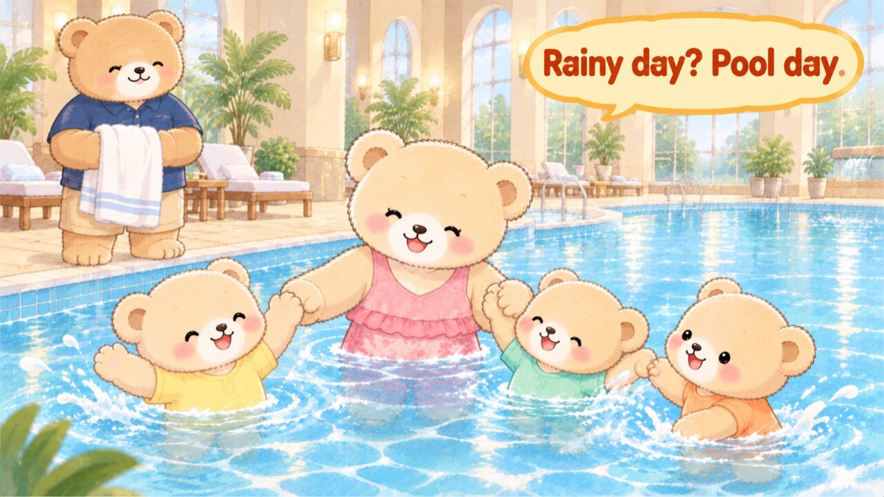 Mama Bear standing in the shallow end of a bright indoor hotel pool holding the paws of three cub bears, with Papa Bear waiting at the poolside with a towel and a speech bubble reading “Rainy day? Pool day.” — an indoor pool gives a family somewhere to go when Kyoto is wet.
