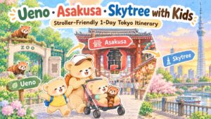 Illustration of a bear family traveling through Tokyo in one day — Ueno Zoo with pandas, Asakusa's Kaminarimon lantern gate, and Tokyo Skytree — a stroller-friendly family itinerary