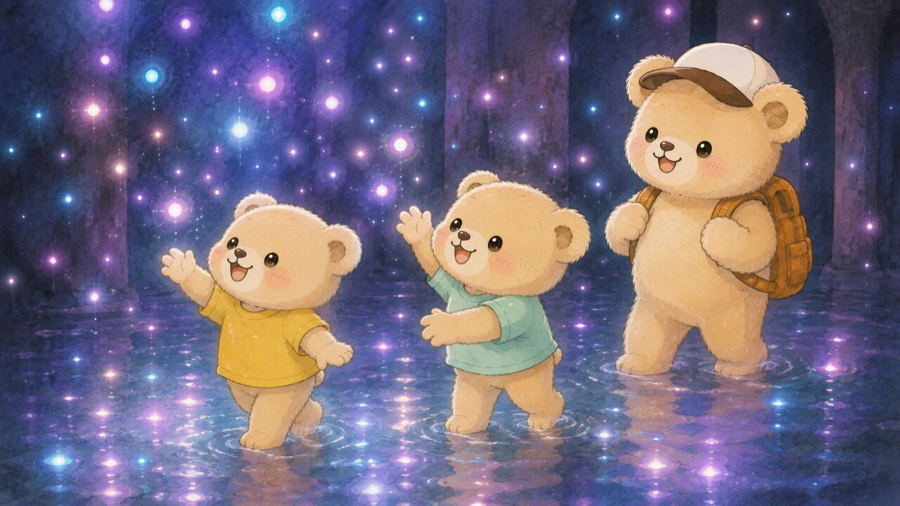 Illustration of a bear family walking through shallow water with floating lights — the digital art museum in Toyosu is perfect for rainy days with kids