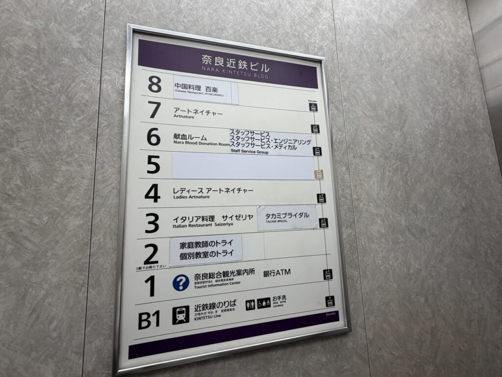 奈良近鉄ビルのエレベーター内の階数案内。1階に奈良総合観光案内所と銀行ATM、B1階に近鉄線のりばと書かれている
