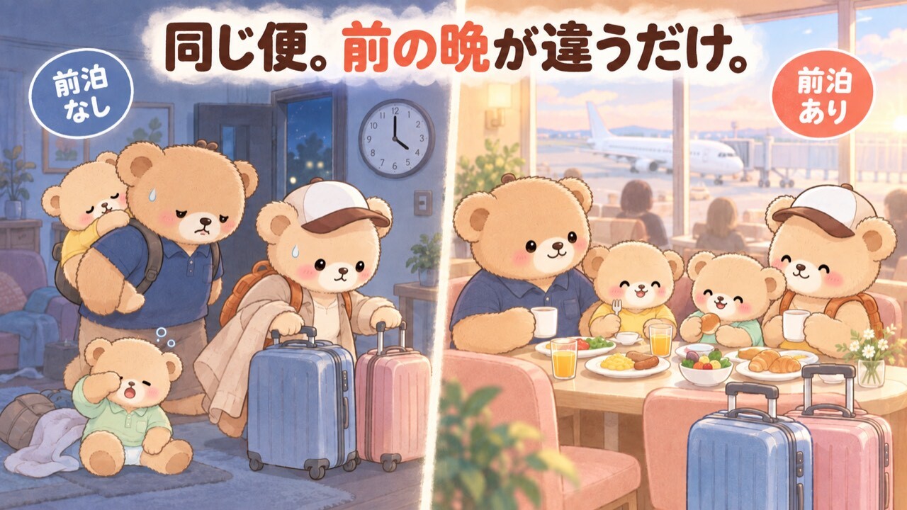 左右対比のイラスト。左「前泊なし」は時計が午前4時の暗い家で、パパぐまが寝ぜけた子ぐまを背負いし、ママぐまがスーツケースを引いて慌だだしく出発しようとしている。右「前泊あり」は明るいホテルの朝食会場で、同じ家族4人が落ち着いて朝ごはんを食べており、窓の外には飛行機が見える。同じ便に乗るのに、前の晩をどこで過ごすかだけが違うことを表している。